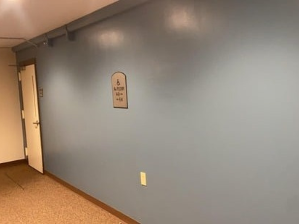 Freshly painted hallway with blue walls and white apartment doors in a residential building.
